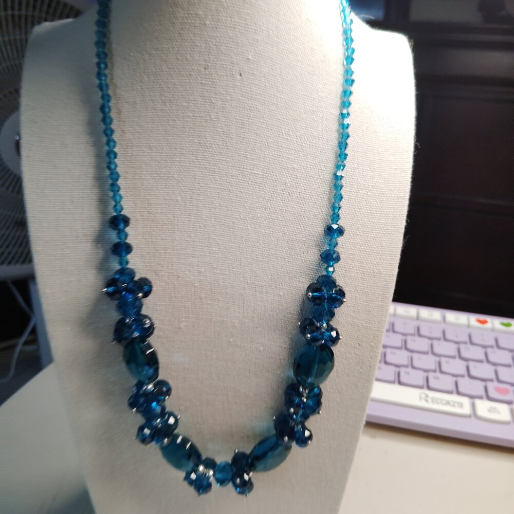 Dazzling Blue Faceted Glass Bead Necklace with Silver-Tone Lobster Clasp